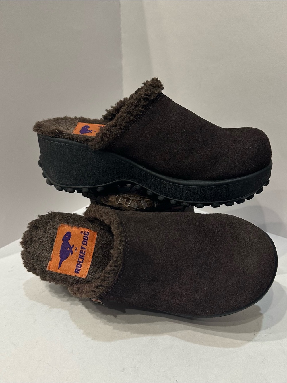 Vtg 90s Rocket Dog Brown Suede Shearling Clog Chunky Platform Grunge Shoes Sz 7